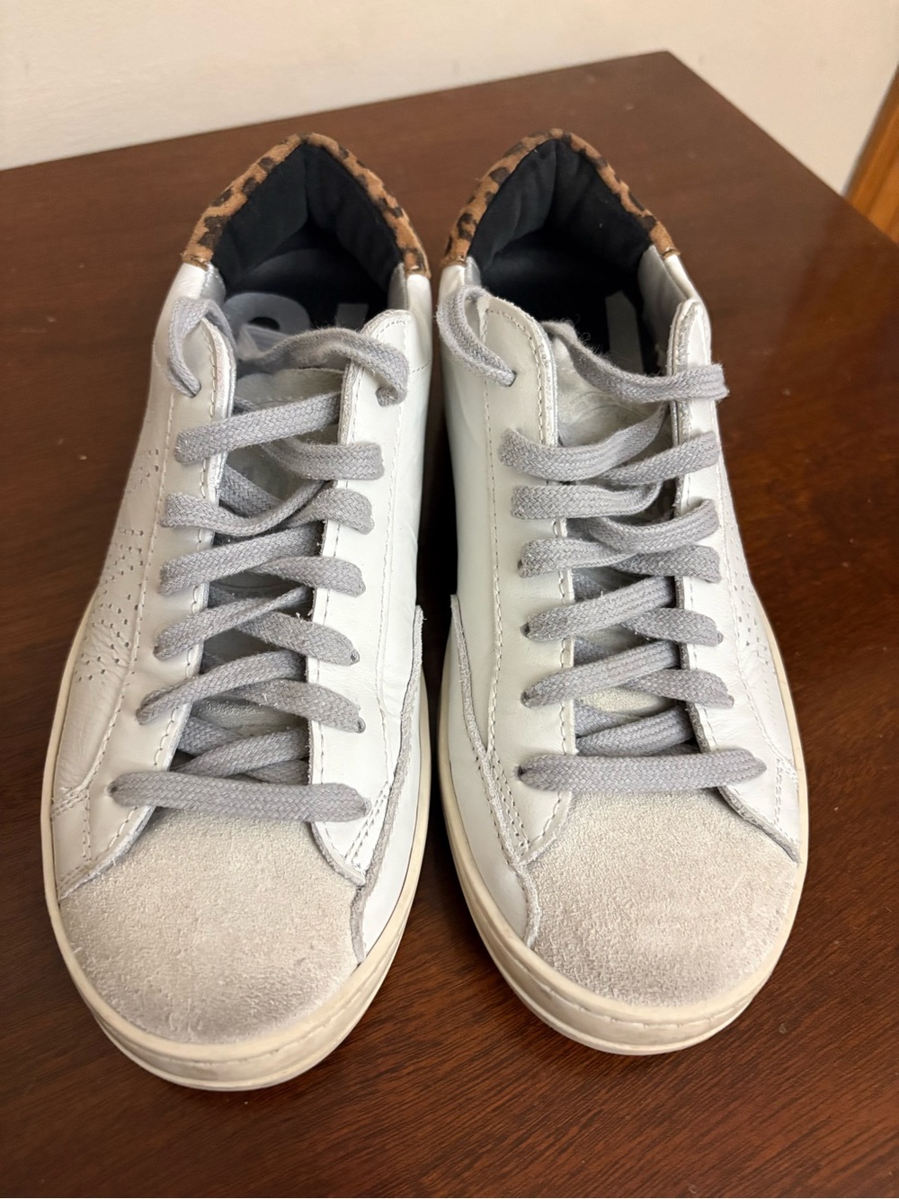 P448 Women's White Sneakers with Gray Laces and Leopard Heel
